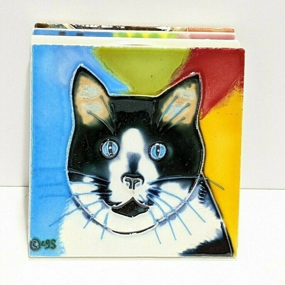 Cat Feline Coasters Art Tiles Set of 4 Cork Backed 4 x 4" - Picture 4 of 7